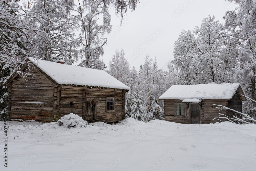 Two old timbered houses in a snowy forest Two old timbered houses in a snowy forest