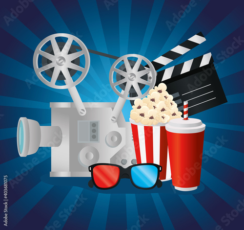 Cinema videocamera food clapboard and 3d glasses design, Movie video film media entertainment theme Vector illustration