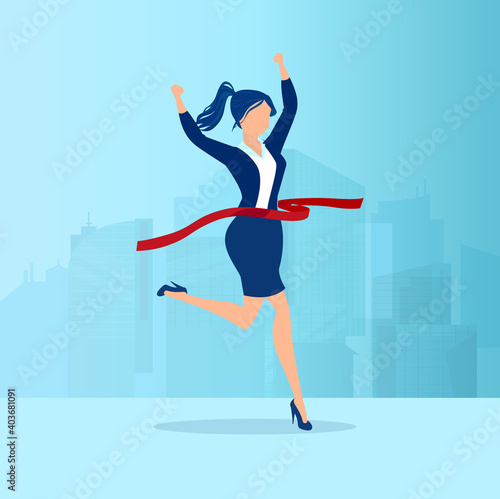 Vector of a business woman crossing finish line on a cityscape background
