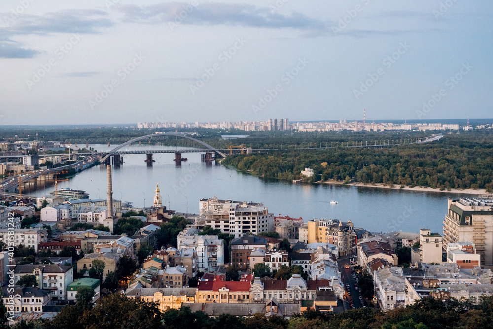 landscape of the city of kiev from a high point in the frame of the river