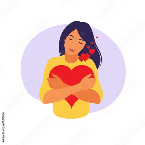 Young woman hugs a big heart with love and care. Self care and body positive concept. Feminism, fight for your rights, girl power concept. Flat.