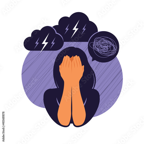 Depressed young girl crying covering her face with her hands. Opinion and the pressure of society. Shame. Vector flat