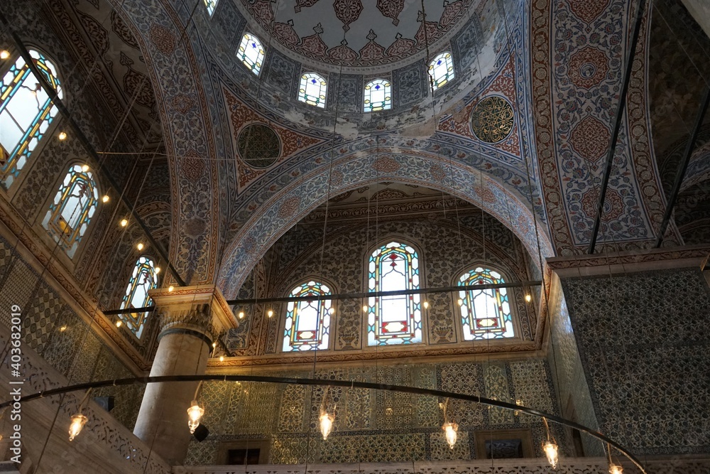 Inside interior of blue mosque also known as Sultan Ahmed Mosque in Istanbul, Turkey