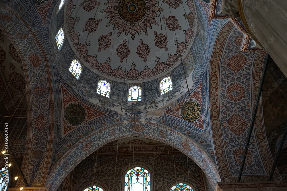 Inside interior of blue mosque also known as Sultan Ahmed Mosque in Istanbul, Turkey