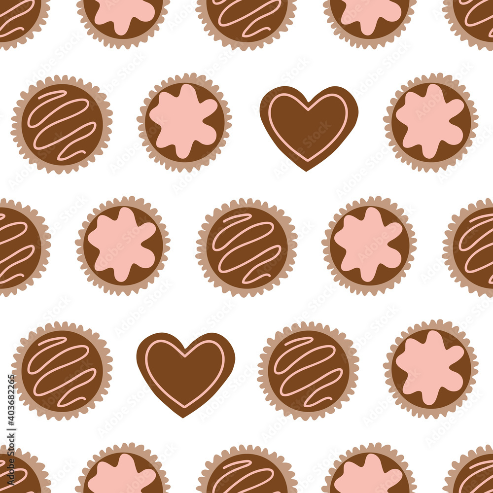 Valentine's Day Chocolate Box Pattern. Seamless pattern of chocolate Valentine's day candy with pink accents.