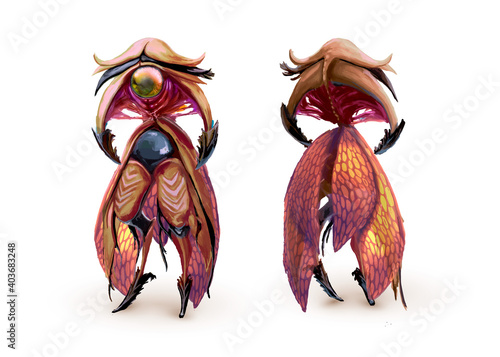 Detailed insect monster, scary character concept art on white