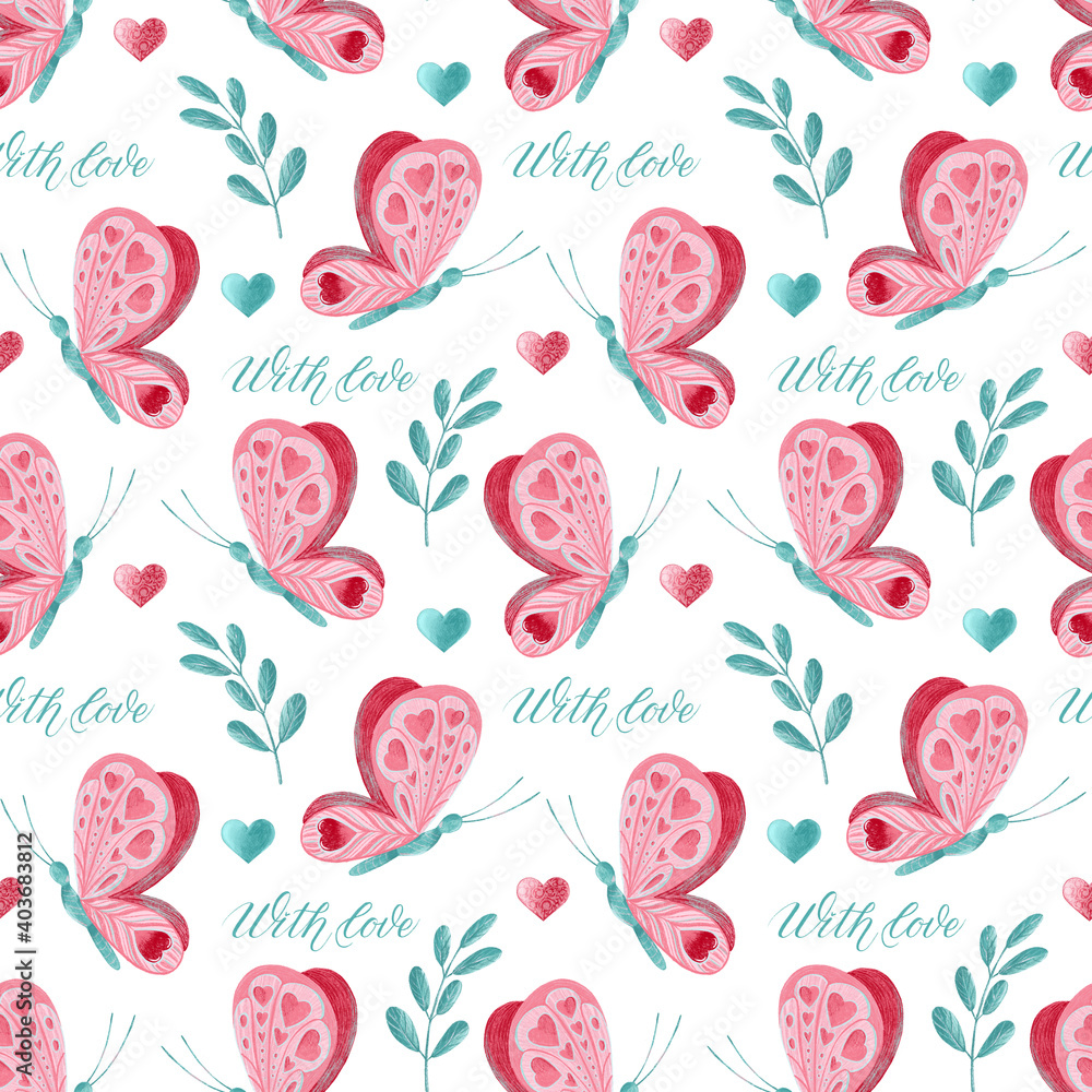 Romantic seamless pattern in pink and mint colors with hearts, butterflies and calligraphy. Valentines day hand drawn love background. Wallpapers, wrapping, textile, wedding, branding.