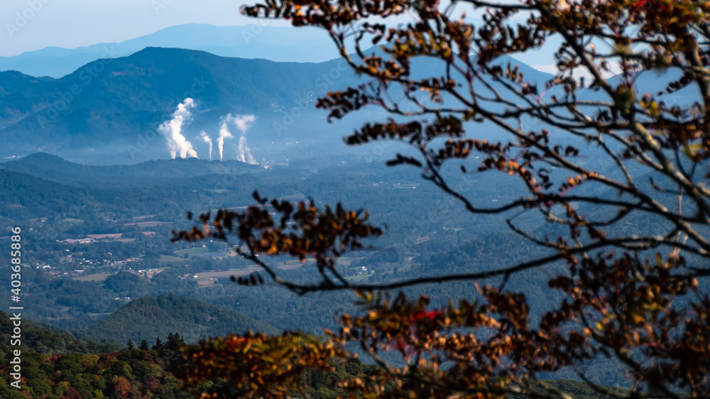 White Plumes of Smoke Rising in the Appalachian Mountains Viewed Along the Blue Ridge Parkway