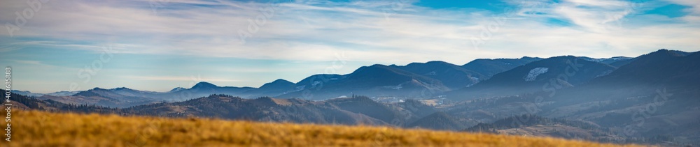 Panorama of the Carpathian mountains in the fog - obrazy, fototapety, plakaty 