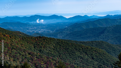 White Plumes of Smoke Rising in the Appalachian Mountains Viewed Along the Blue Ridge Parkway