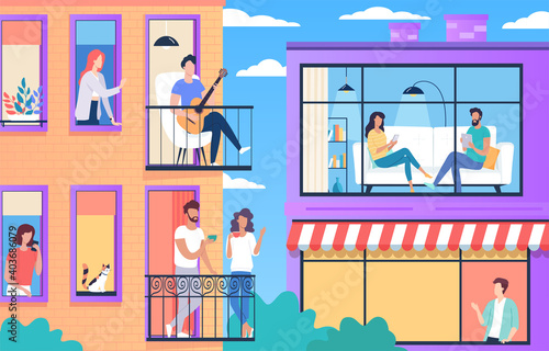 Different people spending time at home isolated during quarantine time