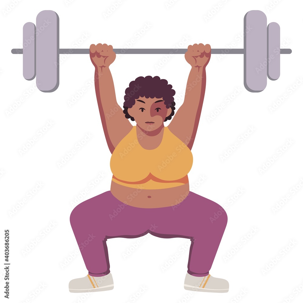Naklejka premium Fat strong black plus size woman with natural hair in cute sportswear. Workout. Exercises.Concentrated person raises the bar. Weightlifting. Snatch, clean and jerk. Isolated flat cartoon illustration