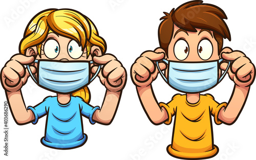 Cartoon kids putting on face masks. Vector clip art illustration with simple gradients. Each on a separate layer.
