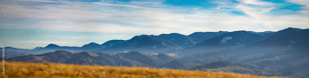 Obraz premium Carpathian mountains in the fog in Ukraine