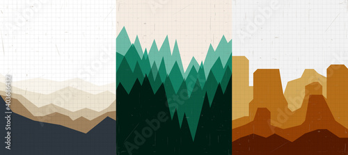 Vector illustration landscape. Mountains, green forest, canyon hills. Line grid pattern. Vintage background. Polygonal style. Design for notebook, poster, copybook cover, web template, brochure, flyer