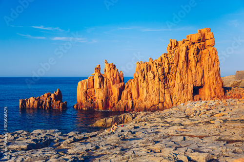 Red Rocks (called "Rocce Rosse") of Arbatax, Sardinia, Italy. Arbatax with the known red porphyry rocks nearby the port at the Capo Bellavista, Sardinia, Italy