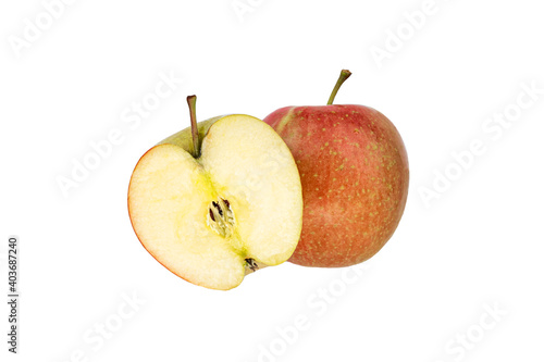 organic red yellow apple and half isolated on white background