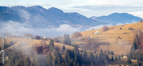 Carpathian mountains in the fog in Ukraine