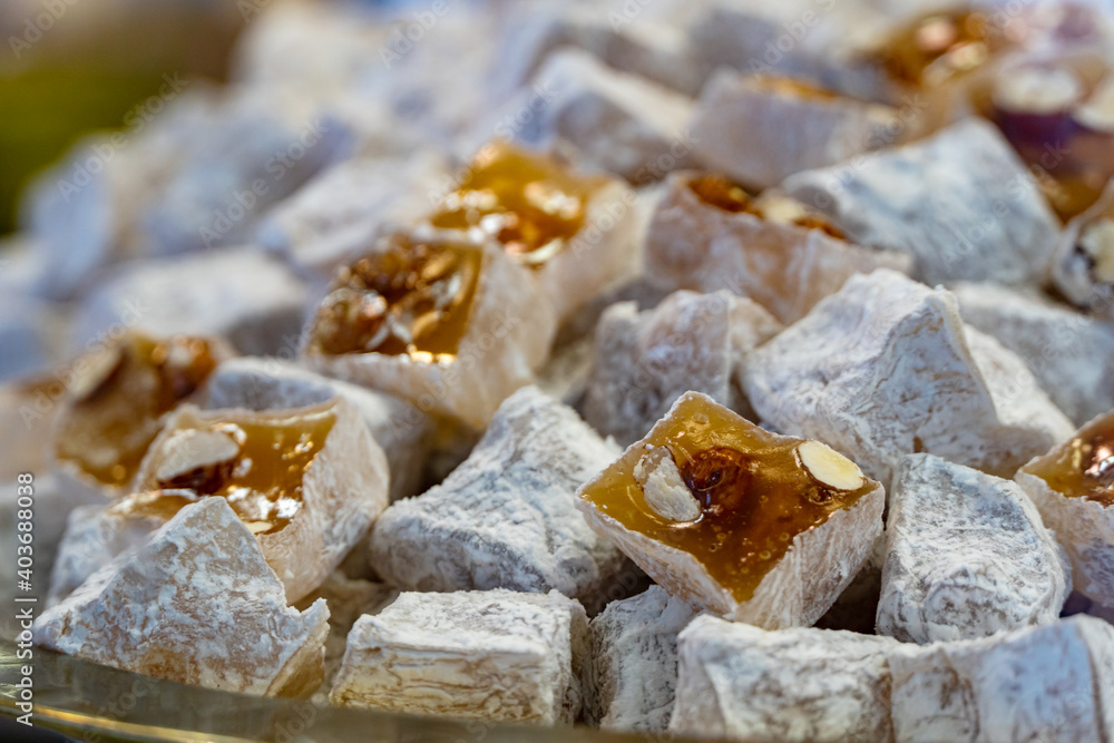 Tasty oriental sweets delicatessen Turkish delight lokum. Tasty oriental sweets delicatessen Turkish delight lokum.