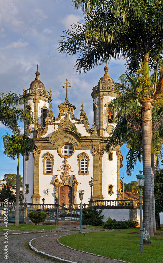 Baroque church and palm trees in Sao Joao del Rei, Brazil