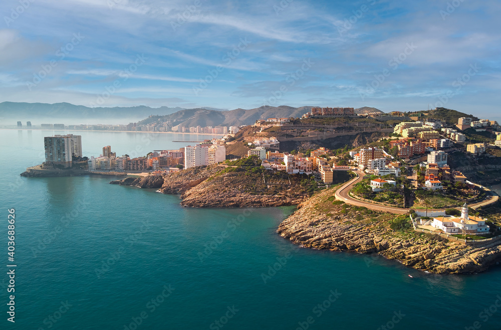 Aerial drone point of view Cullera townscape. Spain