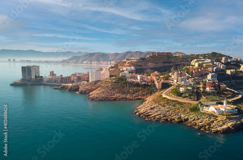 Aerial drone point of view Cullera townscape. Spain photo