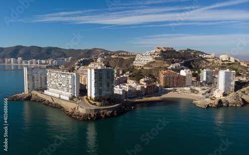 Aerial drone point of view Cullera townscape. Spain © Alex Tihonov
