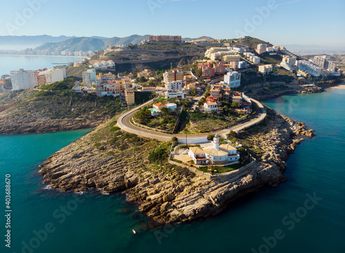 Aerial drone point of view Cullera townscape. Spain photo