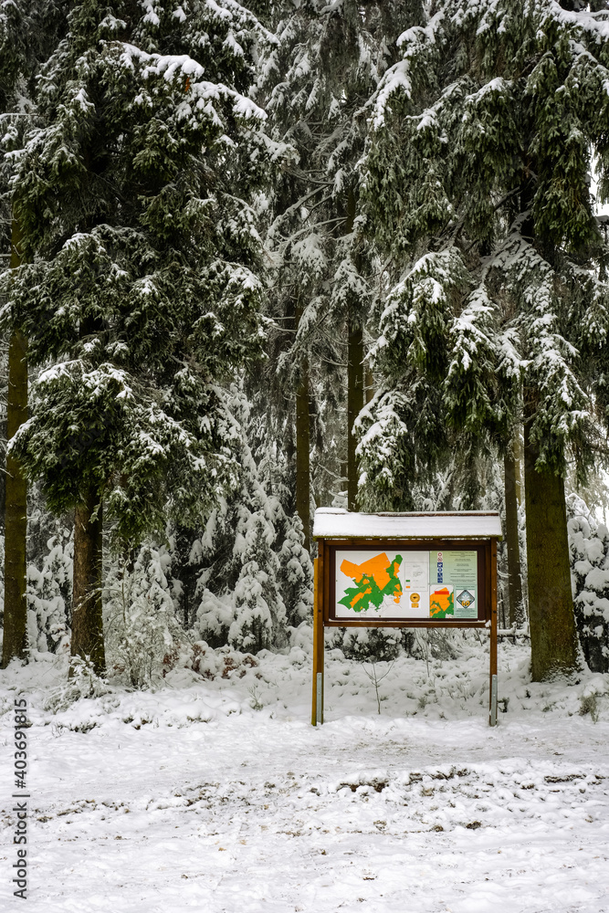 Map on a wooden board in the forest with snow