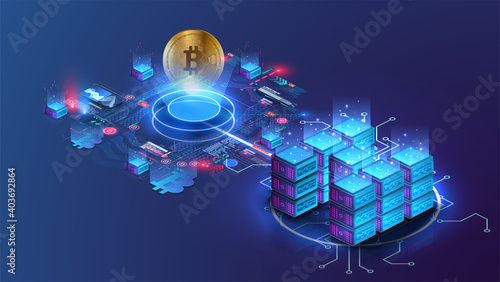 Blockchain technology. Cryptocurrency marketplace of bitcoin mining farm. Bitcoin conceptual background with blue glowing electric lights Modern bright banner, site template with place for your text.