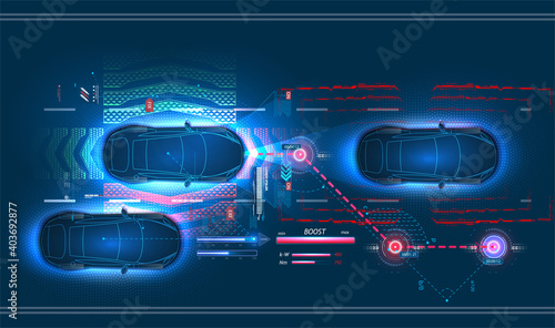 Autonomous smart car goes on the road in traffic. Scans the road, observe the distance. Future concept. Autonomous car. Driverless car. Driving vehicle. Future concepts. Road scanning, projection.