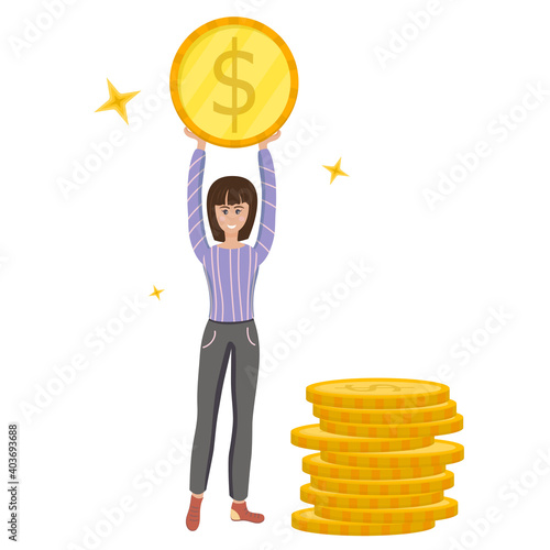 A girl holds a coin, next to a stack of dollars in cartoon style isolated on a white background. Vector illustration, the concept of wealth and saving money