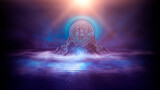 Dark, night abstract fantasy landscape with island, pyramids, bitcoin and lightning. Reflection of neon in water, sea, ocean. Smoke, smog on the shore. A modern futuristic landscape with bitcoin. 