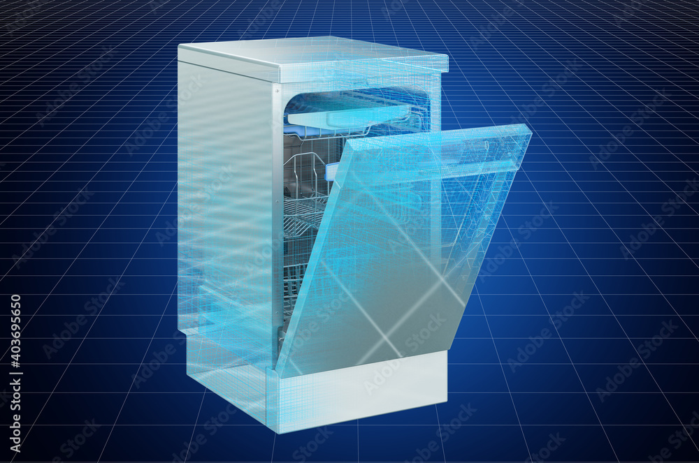 Visualization 3d cad model of dishwasher, blueprint. 3D rendering Stock