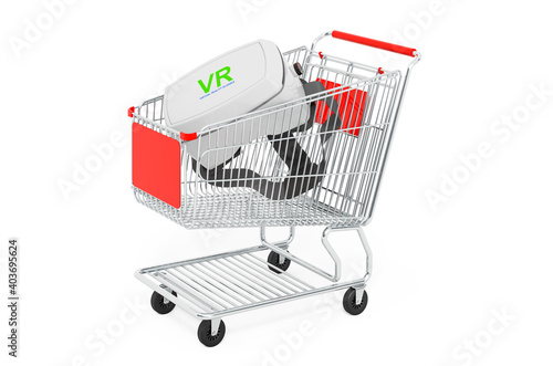 Shopping cart with virtual reality glasses VR, 3D rendering