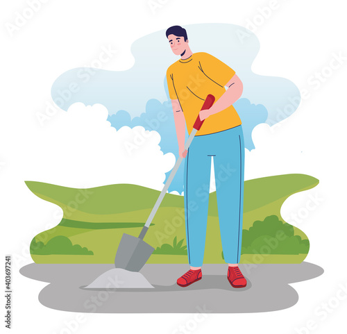 builder constructor man with shovel working in the road vector illustration design
