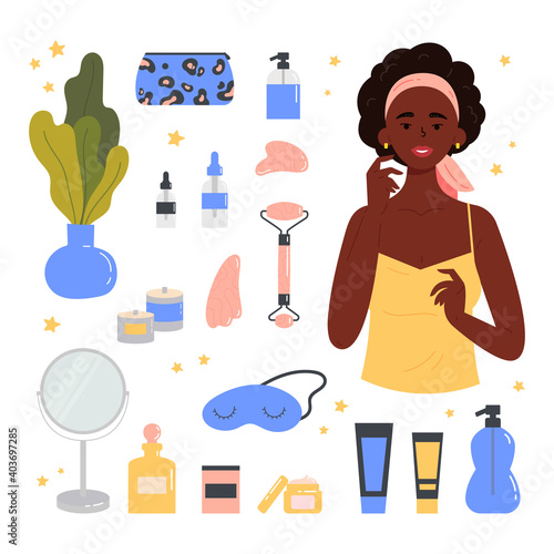 Woman with facial gua sha stone. Beauty routine. Face and body skin care concept. Attractive girl with various cosmetics and accessories for beauty. Hand drawn trendy colored illustration. 