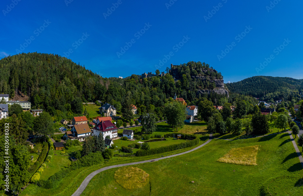 Panoramic view of Mount Oybin and the ruins of the monastery church and the castle, Germany. Drone photography