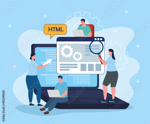 group of developers software with laptop characters vector illustration design