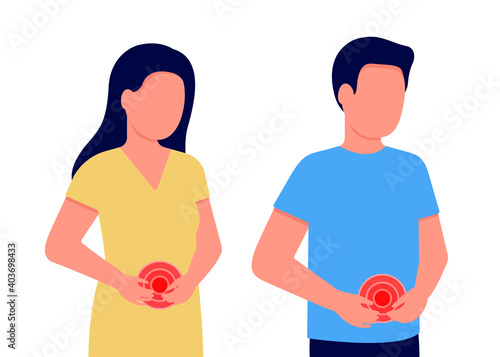 Abdominal pain man and woman. People holds hands on belly. Stomach, intestine ache. Internal discomfort. Stomach, bowel or gynecological problems. Vector illustration