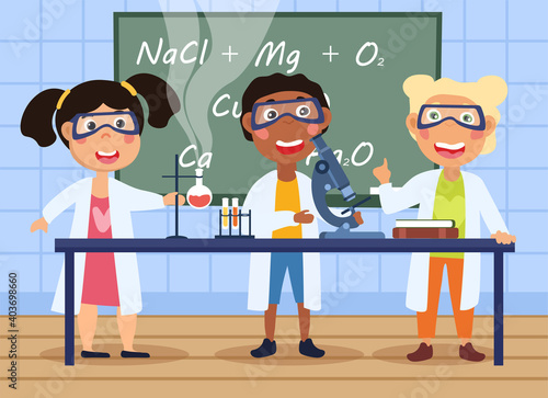 Three young children wearing safety goggles doing experiments in a chemistry class at school, cartoon flat colored vector illustration