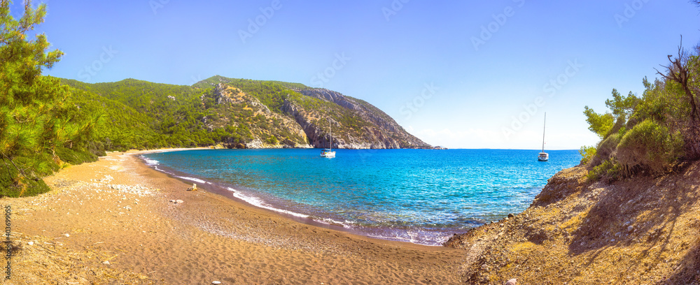 Beautiful bay on the Carian trail. Bay of Pigs, Aegean Sea, Turkey. Panorama, high resolution.