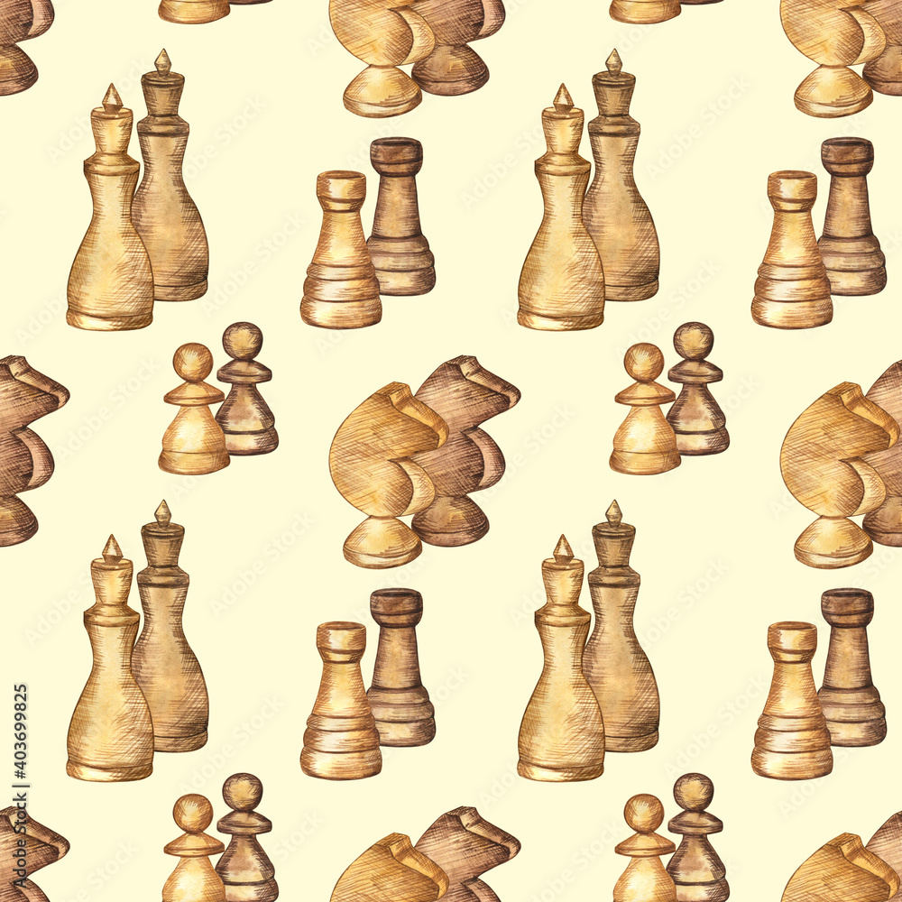Seamless pattern with chess pieces on light yellow isolated background. Watercolor hand-drawn elements combined in couples. Seamless pattern with chess pieces on light yellow isolated background. Watercolor hand-drawn elements combined in couples.