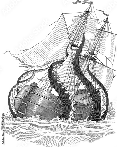 Black and white vector illustration of giant cephalopod attaking a ship