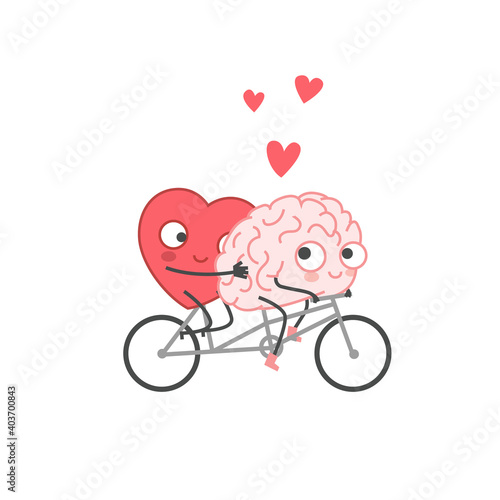Cartoon Illustration of the Heart and Brain ride Bicycle. Heart and Brain fall in love. Happy Valentines Day Lettering.