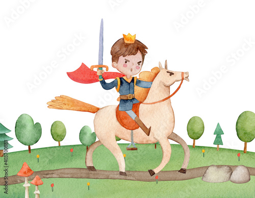 Watercolor cartoon prince rides a white horse. Kiddish illustration of the cartoon horse galloping across the field.