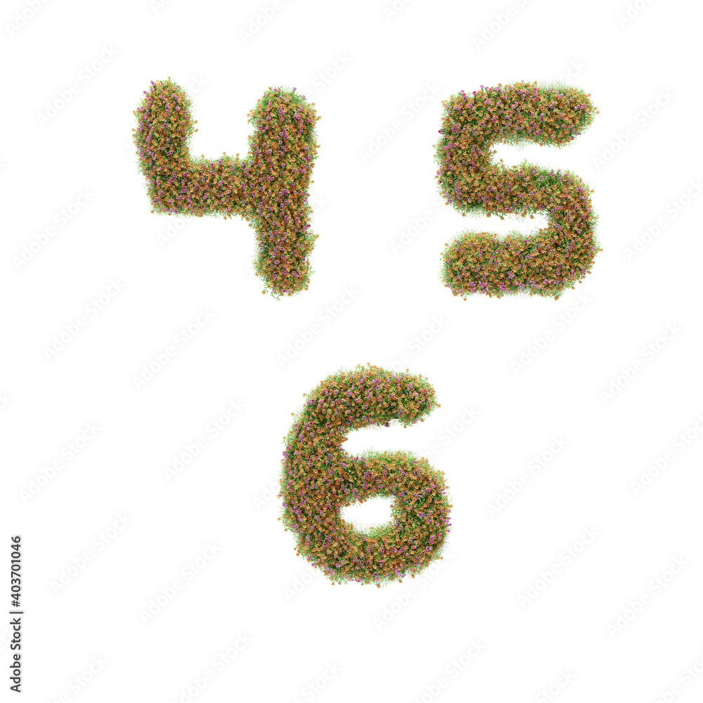 3D letter alphabet covered with grass and spring flowers - letters 4-6 3D letter alphabet covered with grass and spring flowers - letters 4-6
