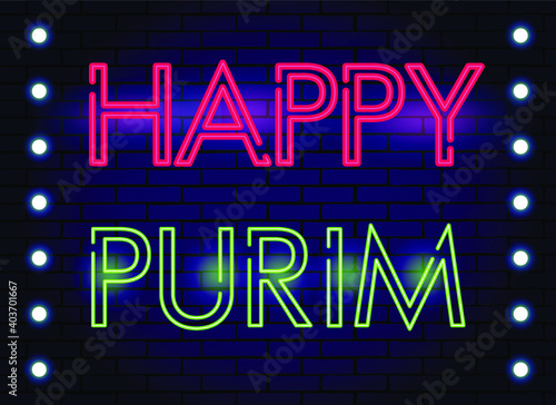 Neon light HAPPY PURIM multicolored extra glowing font. 
Vector