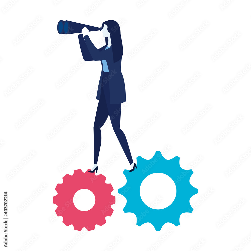 elegant businesswoman worker with telescope in gears vector illustration design elegant businesswoman worker with telescope in gears vector illustration design