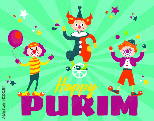 Happy Purim  Jewish holiday. FUNNY VECTOR CLOWNS